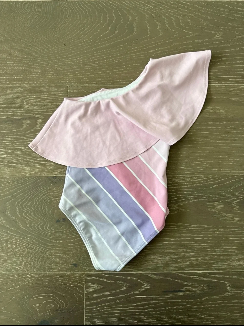 Saint Ida Girls' Pink Pastel Stripe One-Shoulder Ruffle Swimsuit